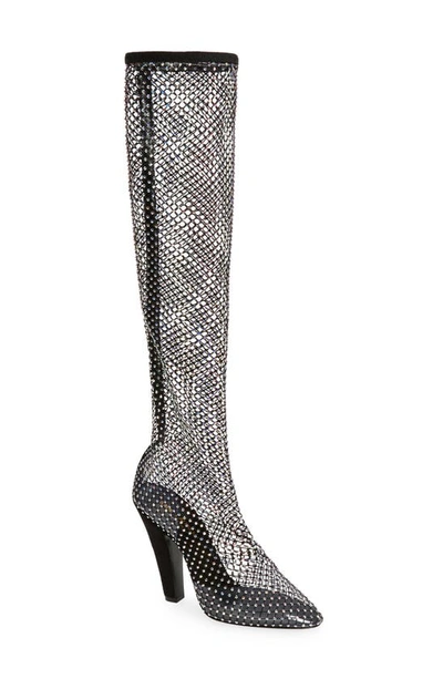 Saint Laurent Yves  Crystal Tall Boot In Leather Black