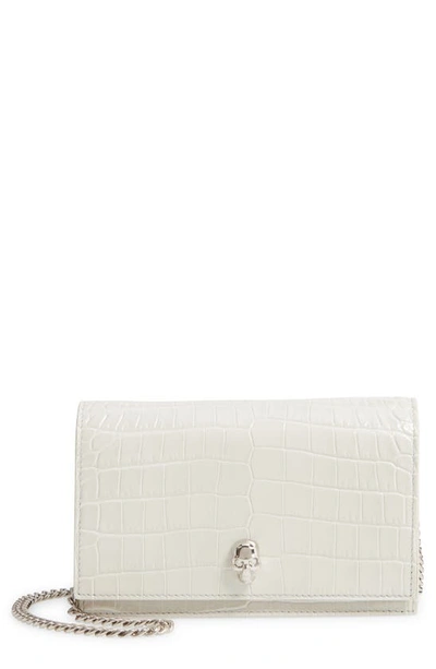 Alexander Mcqueen Mini Skull Croc Embossed Leather Shoulder Bag In Ivory