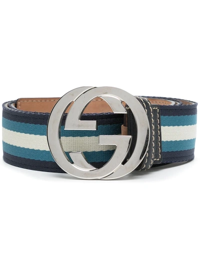 Pre-owned Gucci 2010s Gg-buckle Striped Belt In Blue