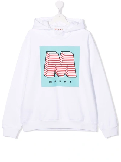 Marni Teen Logo-print Hoodie In Bianco