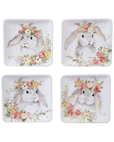 Certified International Sweet Bunny Set Of 4 Canape Plates In White,gray,pink,green,yellow