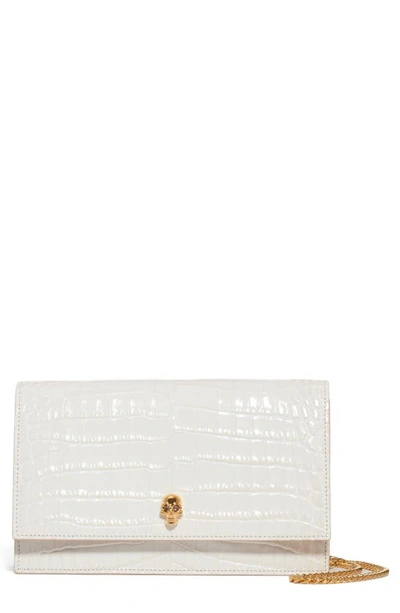 Alexander Mcqueen Skull Croc Embossed Leather Shoulder Bag In 9006 Deep Ivory