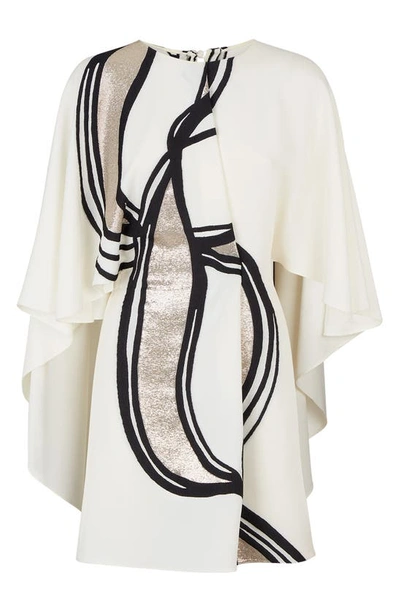 Fendi Cady Painterly Metallic Cape Dress In White