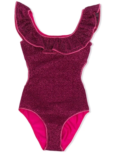 Oseree Kids' Metallic-effect Ruffled Swimsuit In Pink