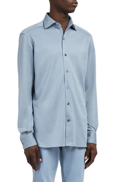 Zegna Regular Fit Cotton & Silk Button-up Shirt In Blue Solid