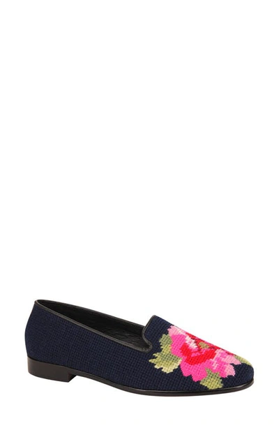 Bypaige Needlepoint Peony Flat In Pink Peony On Navy Loafer