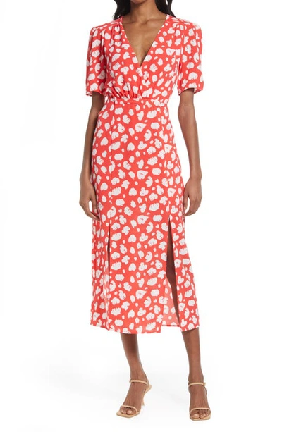 French Connection Midi Dress With Tie Waist In Red Smudge Print