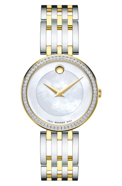 Movado 'esperanza' Diamond Bezel Bracelet Watch, 28mm In Silver/ Mop/ Silver
