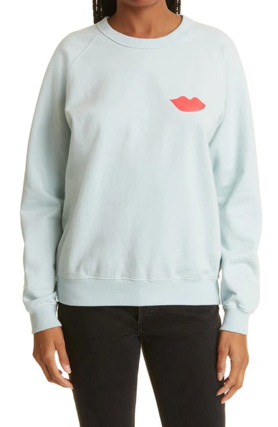 Clare V Cotton Graphic Sweatshirt In Pale Blue W/ Poppy Lips