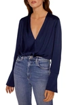 Favorite Daughter Surplice Long Sleeve Satin Bodysuit In Navy