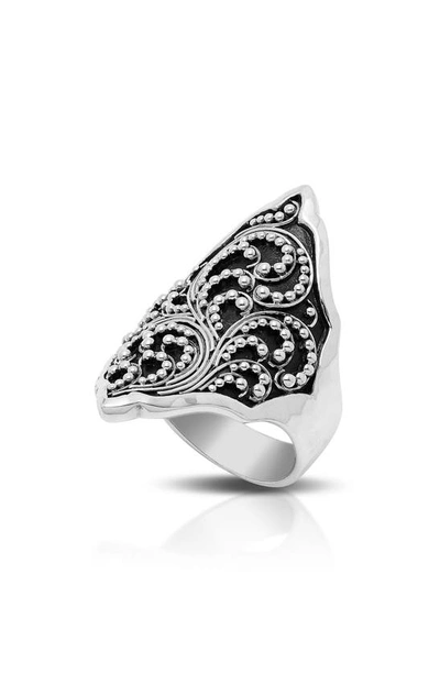 Lois Hill Scroll Granulated Alhambra Saddle Ring In Silver