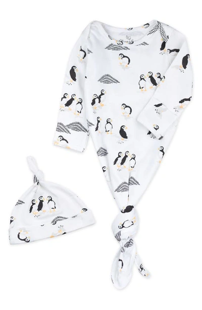Oliver & Rain Babies' Puffin Print Organic Cotton Gown & Hat Set In White