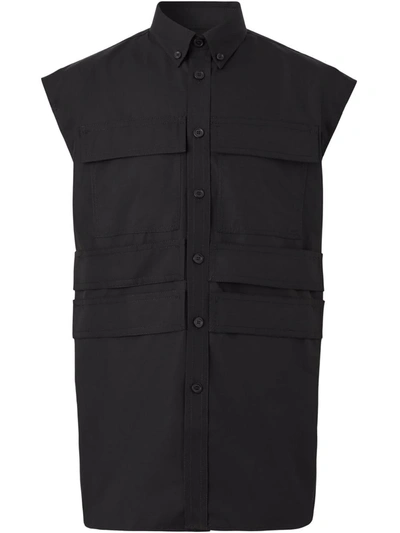 Burberry Panel Detail Sleeveless Cotton Poplin Shirt In Black