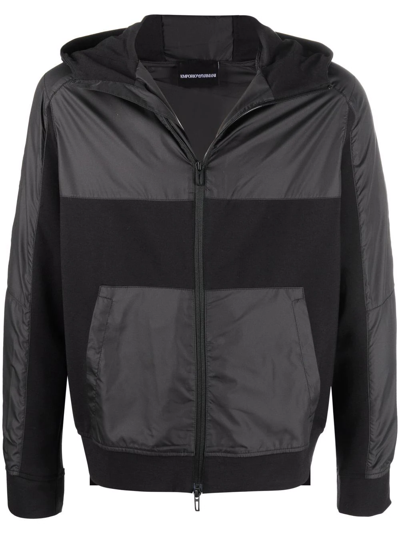 Emporio Armani Men's Mixed Media Hooded Zip Jacket In Solid Black
