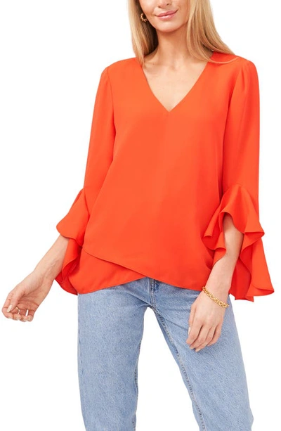 Vince Camuto Flutter Sleeve Crossover Georgette Tunic Top In Blaze Orange