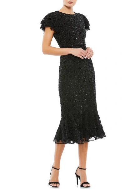 Mac Duggal Beaded Ruffle Sleeve Midi Cocktail Dress In Black