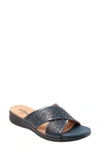 Softwalk Tillman Leather Cross Strap Slide Sandal In Navy Laser Leather