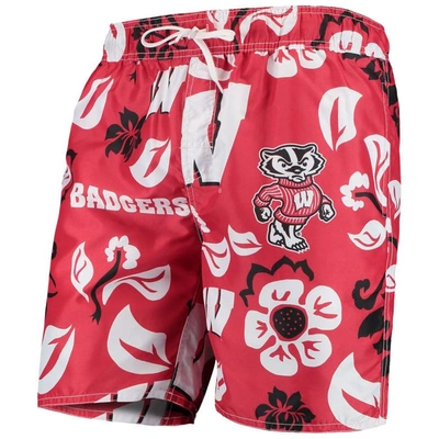 Wes & Willy Men's  Red Wisconsin Badgers Floral Volley Swim Trunks