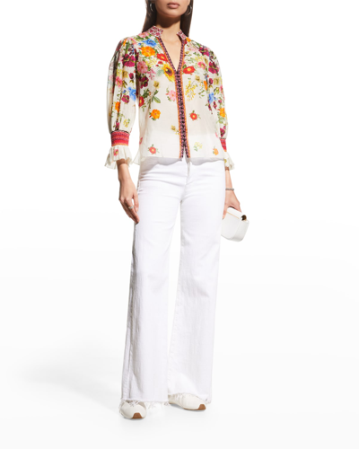 Alice And Olivia Ilan Floral Puff Sleeve Silk & Cotton Blouse In Multicoloured