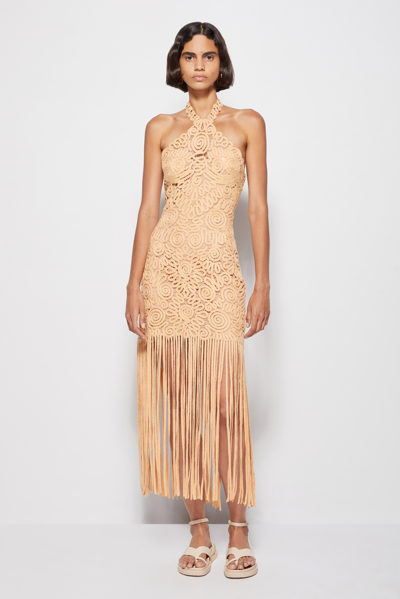 Jonathan Simkhai Alisa Yarn Cutout Embroidered Fringe Midi Dress In Rattan