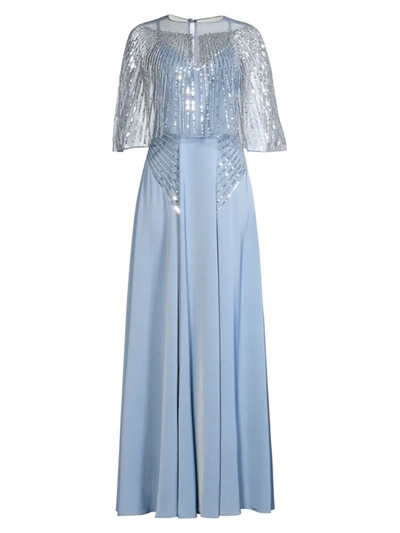 Basix Sequined Cape Gown In Steel Blue