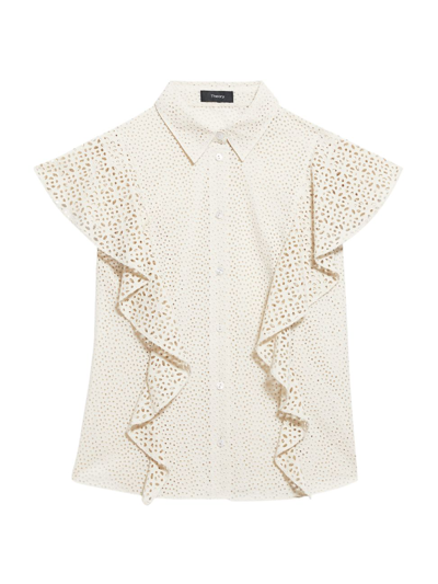 Theory Nova Flutter Sleeve Eyelet Cotton Blouse In Ecru