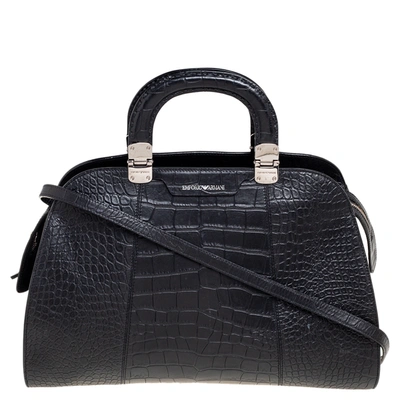 Pre-owned Emporio Armani Black Croc Embossed Leather Dome Satchel