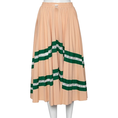 Pre-owned Valentino Peach Crepe & Lace Trimmed Pleated Midi Skirt M In Pink