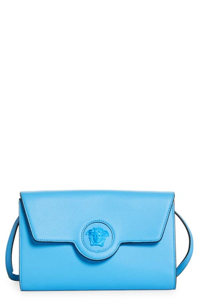 Versace La Medusa Leather Wallet On A Strap In Blue-blue- Gold