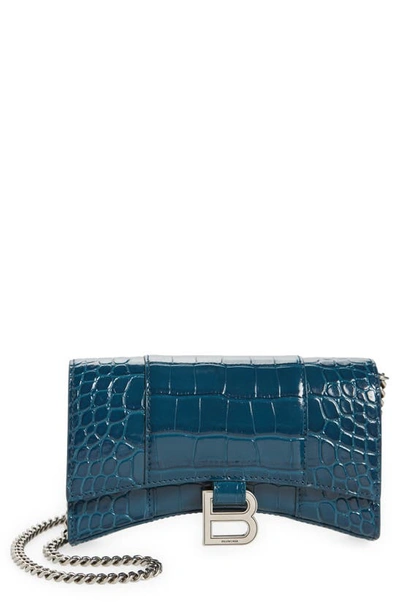 Balenciaga Hourglass Croc Embossed Leather Wallet On A Chain In Dark Blue