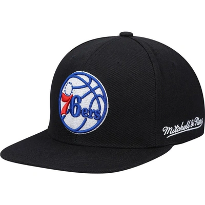 Mitchell & Ness Men's  Black Philadelphia 76ers English Dropback Snapback Hat