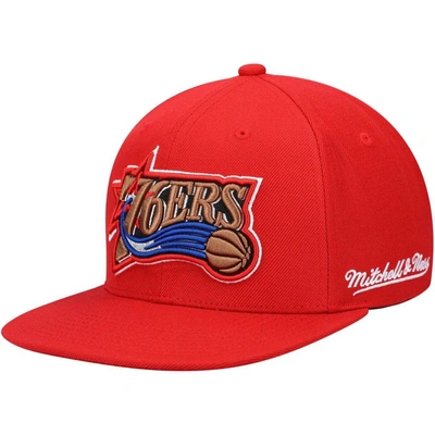 Mitchell & Ness Men's  Red Philadelphia 76ers English Dropback Snapback Hat