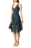 Dress The Population Darleen V-neck Embroidered Mesh Cocktail Dress In Peacock Blue