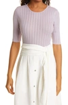 Vince Ribbed Elbow Sleeve Cotton Knit Top In Lilac