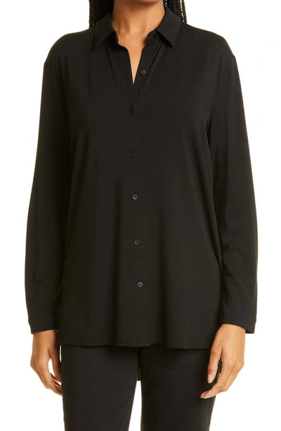 Eileen Fisher Classic Collar Stretch Jersey Button-up Shirt In Black