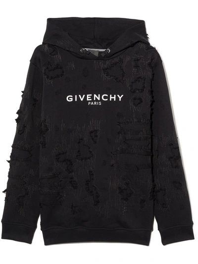 Givenchy Kids' Logo-print Distressed-effect Hoodie In Black