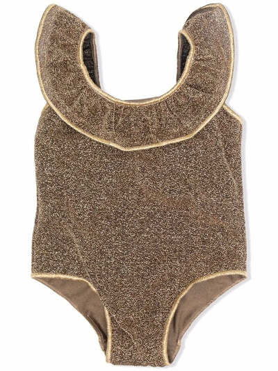 Oseree Babies' Metallic-effect Ruched Swimsuit In Brown