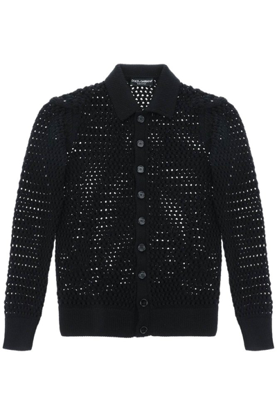 Dolce & Gabbana Open Knit Wool Cardigan In Black