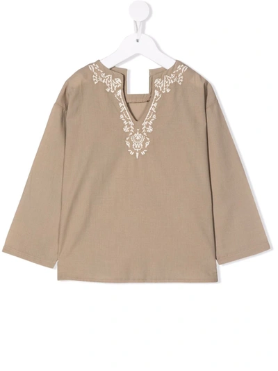 Douuod Kids' Embroidered-design Cotton Tunic In Beige