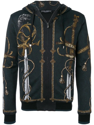 Dolce & Gabbana Sword Print Zipped Hoodie In Brdo Nero Fdo Blublu