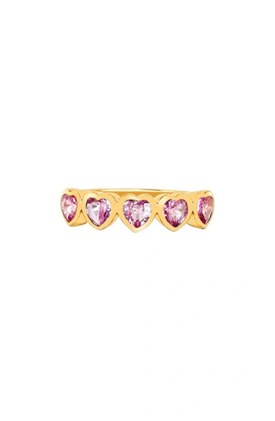 Ef Collection Pink Sapphire Heart Half Eternity Ring In 14k Yellow Gold Pink Sapphire