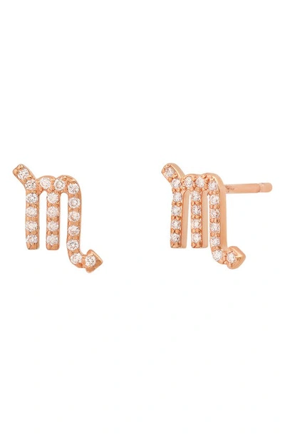 Bychari Zodiac Diamond Stud Earrings In 14k Rose Gold - Scorpio