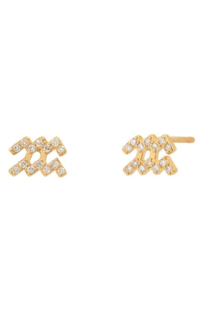 Bychari Zodiac Diamond Stud Earrings In 14k Yellow Gold - Aquarius