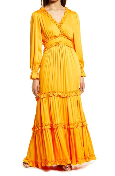 Btfl-life Tiered Long Sleeve Maxi Dress In Tangerine