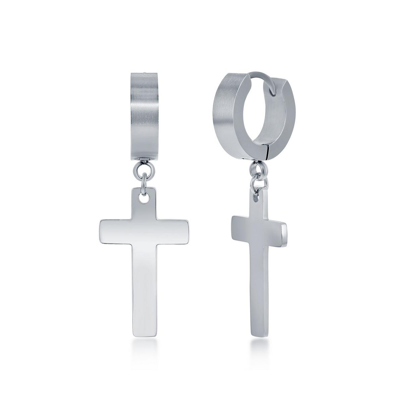 Blackjack Stainless Steel Cross Charm Huggie Drop Earrings In Silver