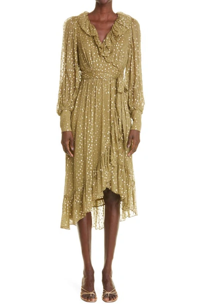 Zimmermann Ruffle Long Sleeve Silk Blend Fil Coupé Wrap Dress In Khaki