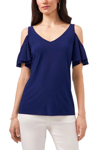 Chaus Ruffle Cold Shoulder Top In Navy Blue