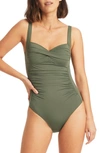 Sea Level Twist Front Multifit One-piece Swimsuit In Khaki