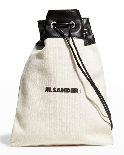 Jil Sander Logo Canvas & Leather Drawstring Pouch In Natural
