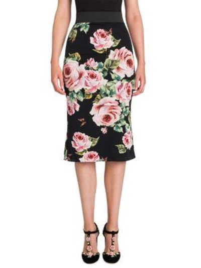 Dolce & Gabbana Floral-print Stretch-silk Charmeuse Midi Skirt In Black
